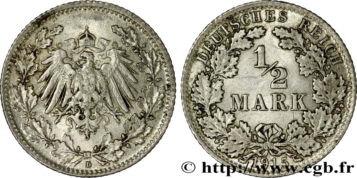 ALEMANIA 1/2 Mark Empire aigle impérial 1915 Munich - D EBC 