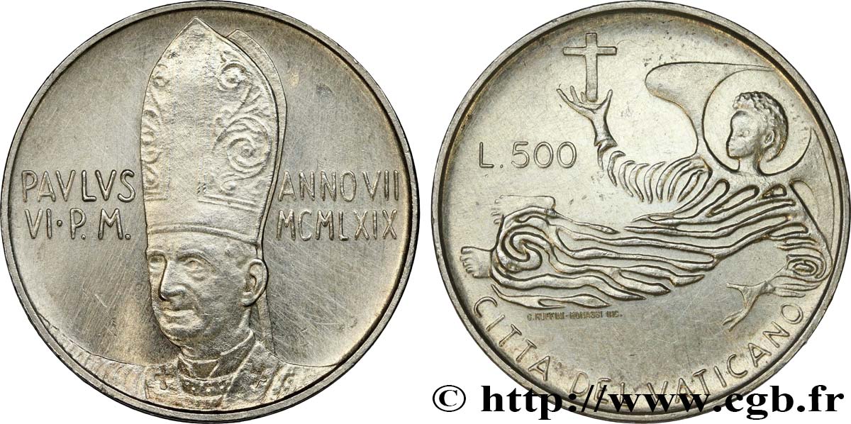 VATICAN AND PAPAL STATES 500 Lire Paul VI an VII / ange 1969 Rome AU 