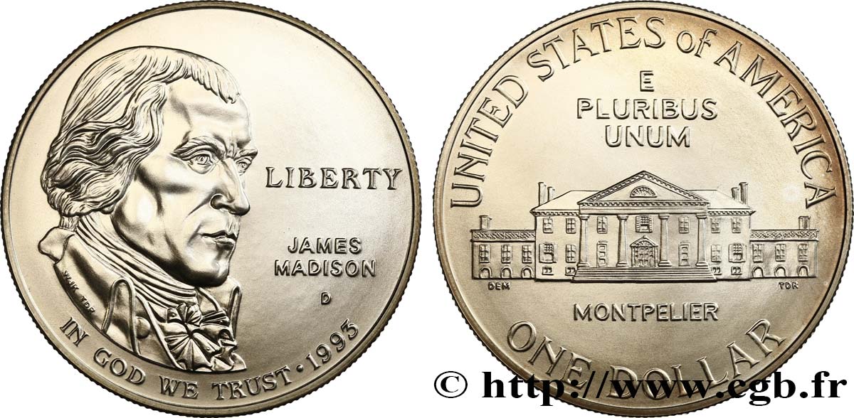 UNITED STATES OF AMERICA 1 Dollar James Madison 1993 Denver MS 