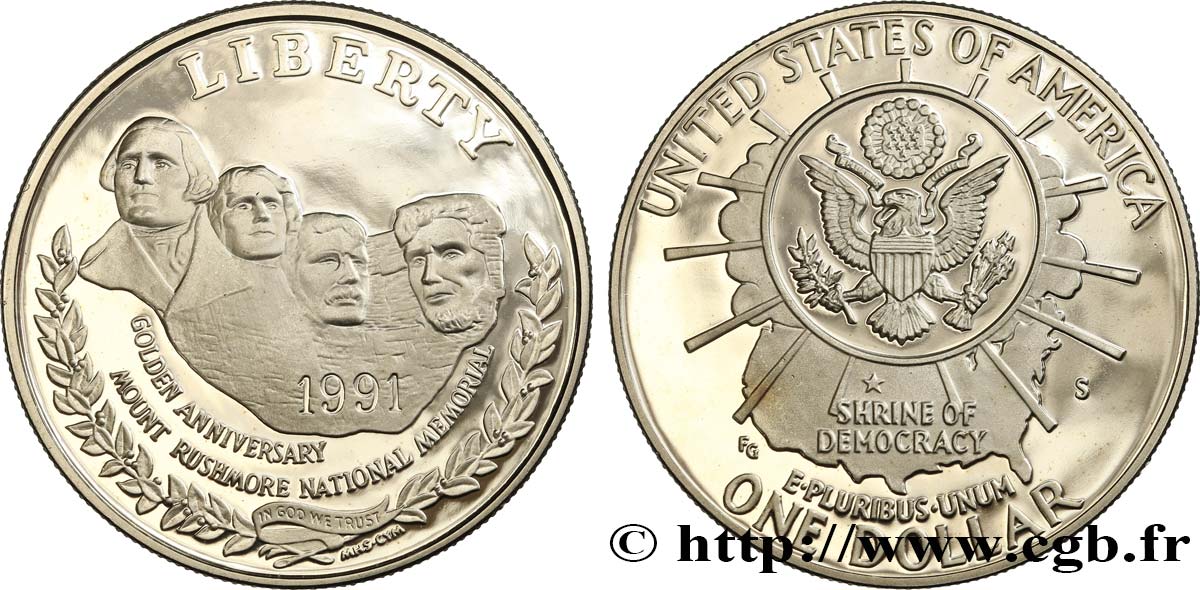 ESTADOS UNIDOS DE AMÉRICA 1 Dollar Proof 50e anniversaire du Mont Rushmore 1991 San Francisco - S SC 
