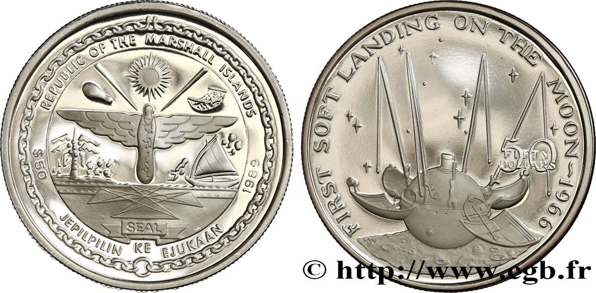 ÎLES MARSHALL 50 Dollars Proof 1er atterrissage sur la Lune 1989  SPL 