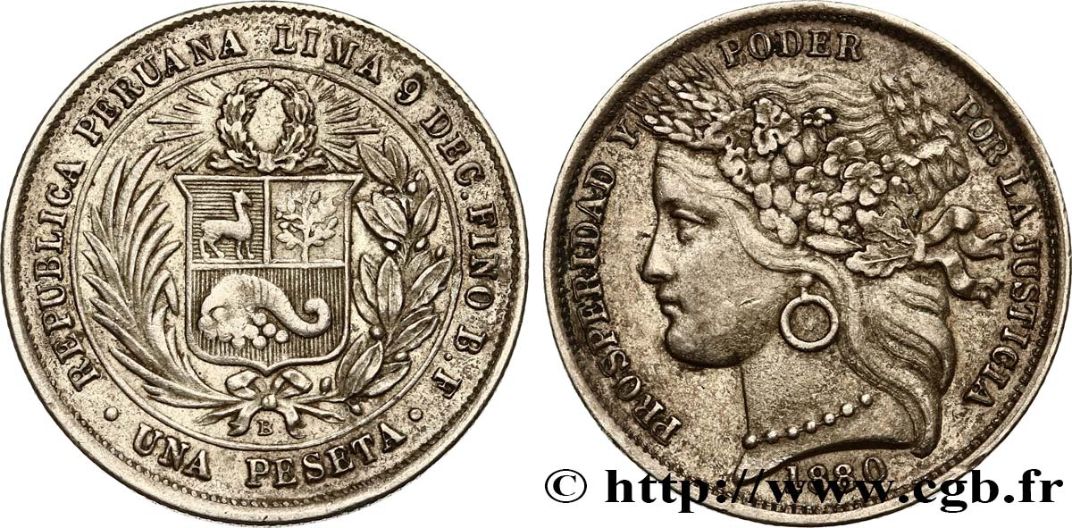 PERU 1 Peseta 1880  AU 