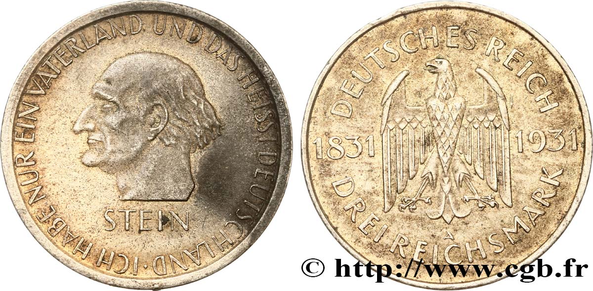 GERMANIA 3 Reichsmark Heinrich Friedrich Karl vom Stein 1931 Berlin q.SPL 