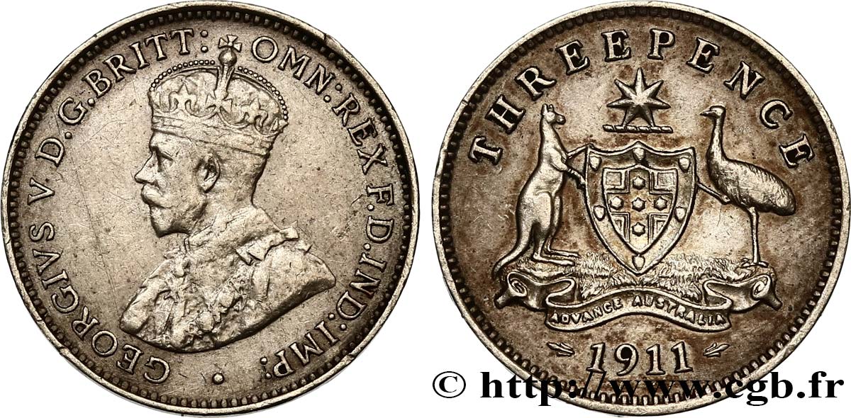 AUSTRALIA 3 Pence Georges V 1911 Londres MBC+ 