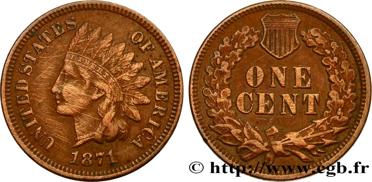 ESTADOS UNIDOS DE AMÉRICA 1 Cent tête d’indien, 3e type 1871 Philadelphie BC 