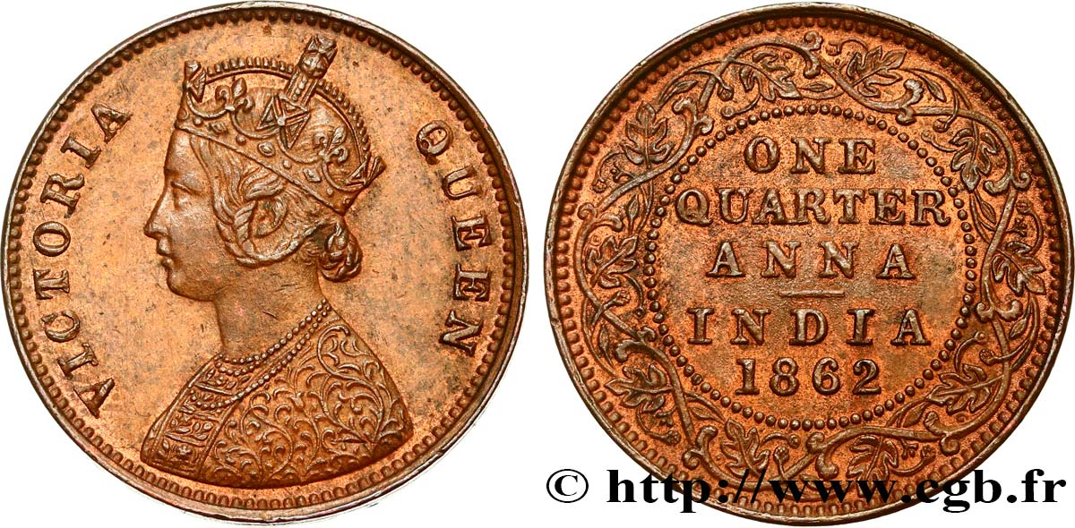 BRITISH INDIA 1/4 Anna Victoria 1862 Calcutta AU 