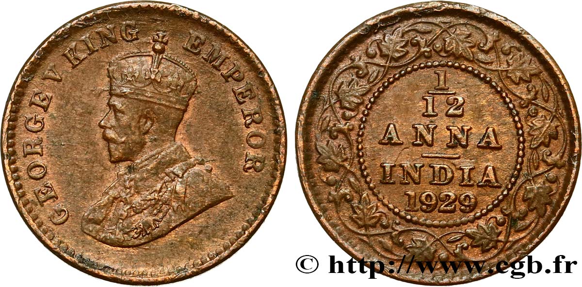 BRITISH INDIA 1/12 Anna (1 Pie) Georges V 1929 Calcutta AU 