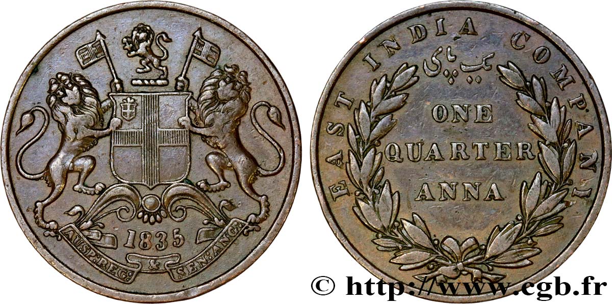 INDES BRITANNIQUES 1/4 Anna East India Company 1835 Calcutta TTB 