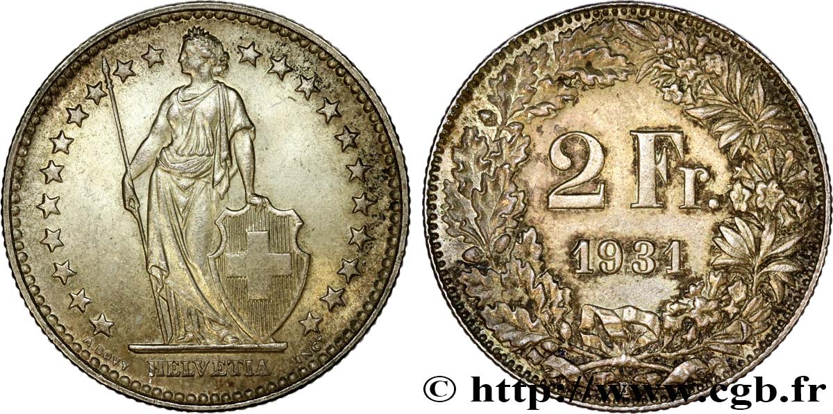 SUIZA 2 Francs Helvetia 1931 Berne - B EBC 