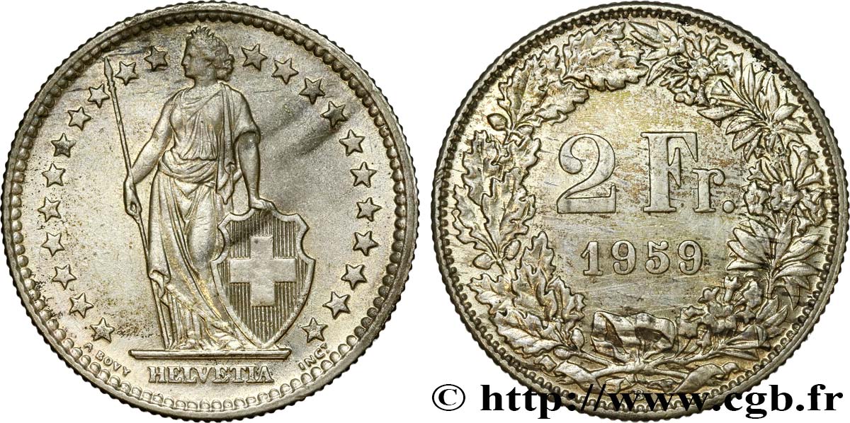 SUISSE 2 Francs Helvetia 1959 Berne - B SUP 