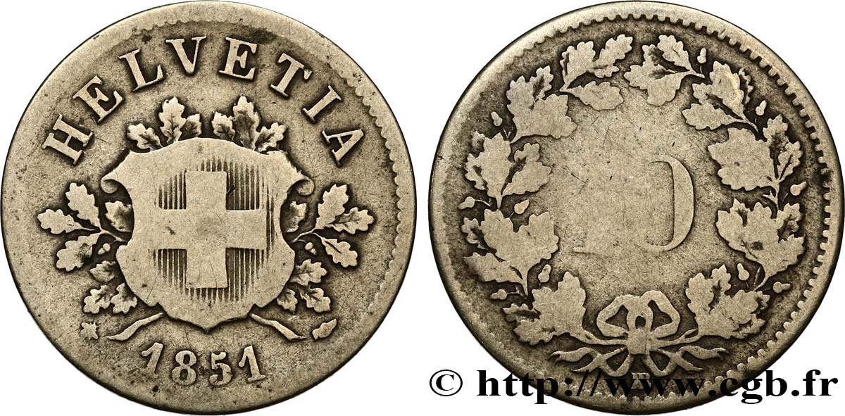 SUISSE 10 Centimes (Rappen) croix suisse 1850 Strasbourg - BB TB 