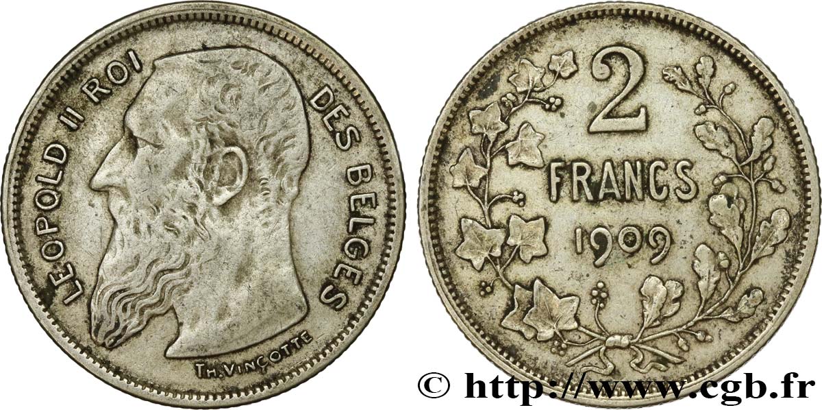 BELGIQUE 2 Francs Léopold II légende française 1909  TTB 