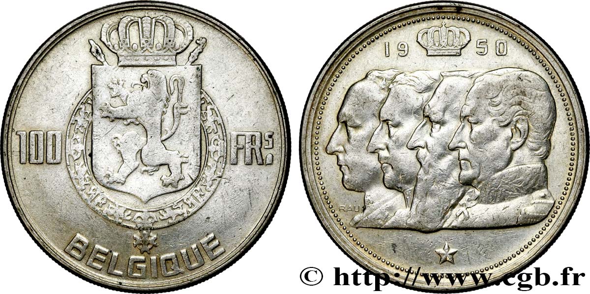 BÉLGICA 100 Francs armes au lion / portraits des quatre rois de Belgique, légende française 1950  MBC 