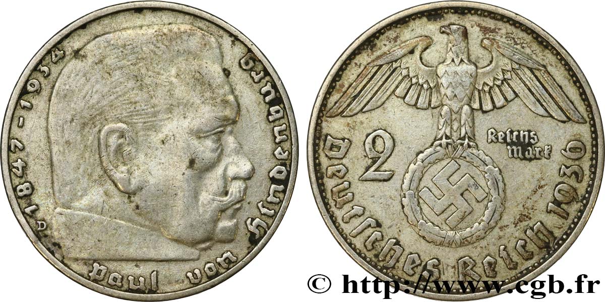 GERMANIA 2 Reichsmark aigle surmontant une swastika / Maréchal Paul von Hindenburg 1936 Munich BB 