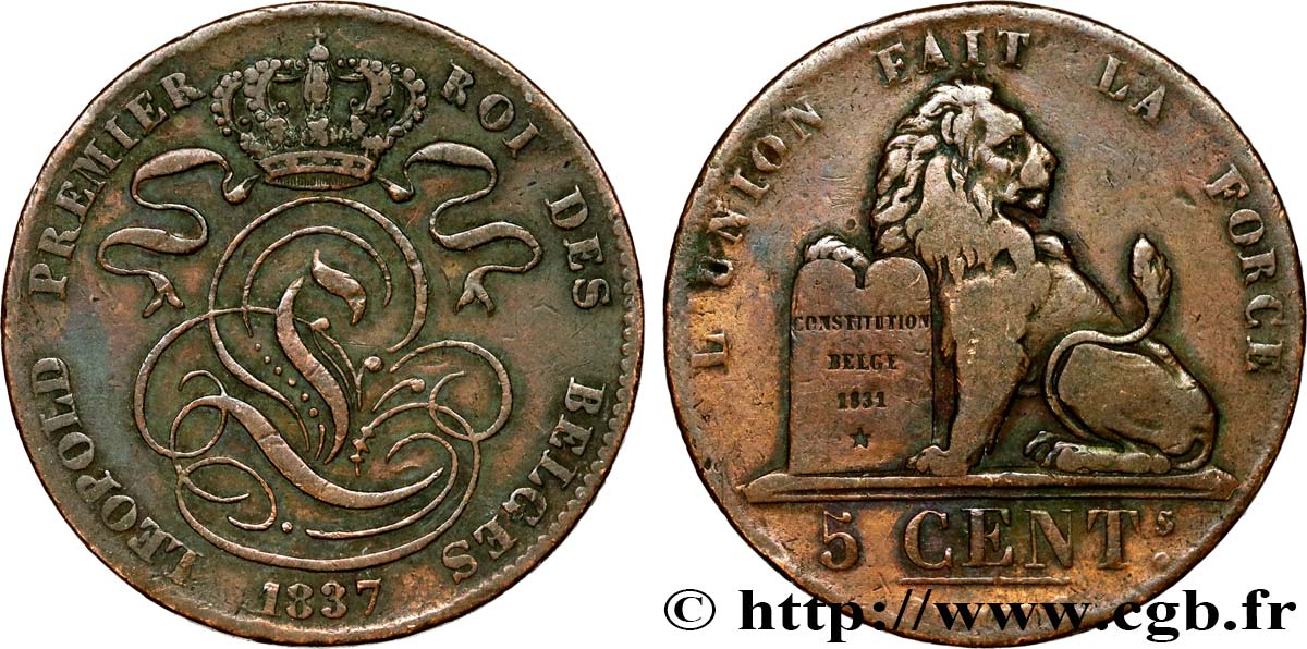 BELGIQUE 5 Centimes monogramme de Léopold Ier / lion 1837  TB+ 