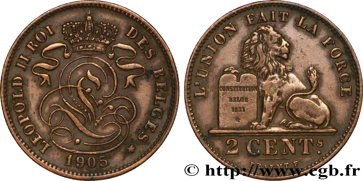 BÉLGICA 2 Centimes lion monogramme de Léopold II légende française 1905  EBC 