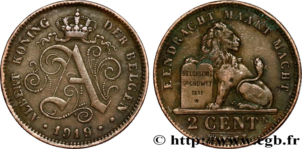 BELGIUM 2 Centimes monogramme d’Albert Ier légende flamande 1919  XF 