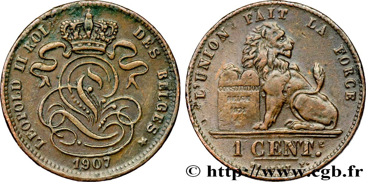 BELGIEN 1 Centime lion monogramme de Léopold II légende en français 1907  VZ 