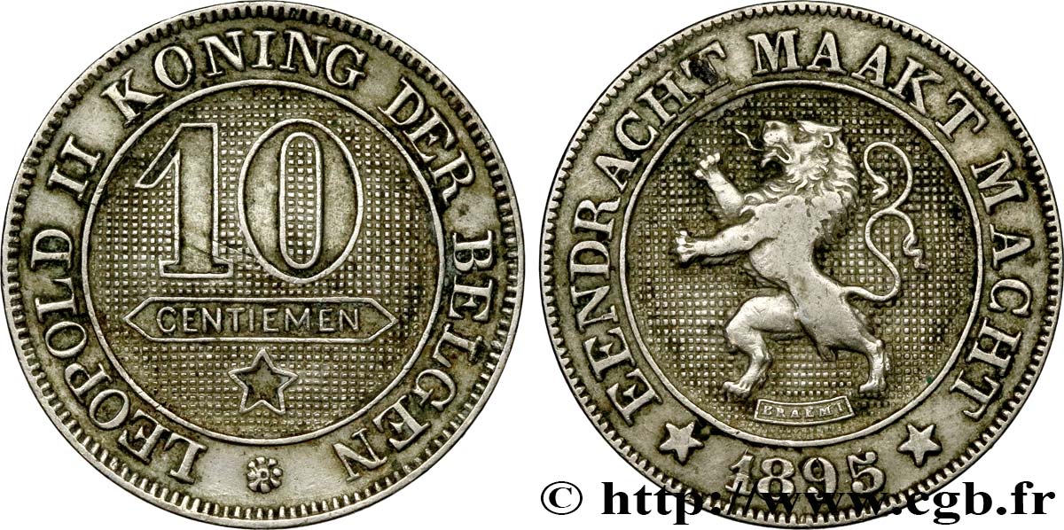 BELGIO 10 Centiemen (Centimes) lion légende flamande 1895  BB 