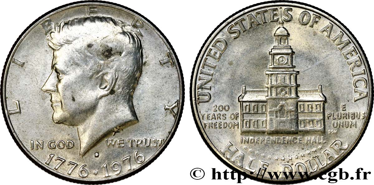 VEREINIGTE STAATEN VON AMERIKA 1/2 Dollar Kennedy / Independence Hall bicentenaire 1976 Denver VZ 