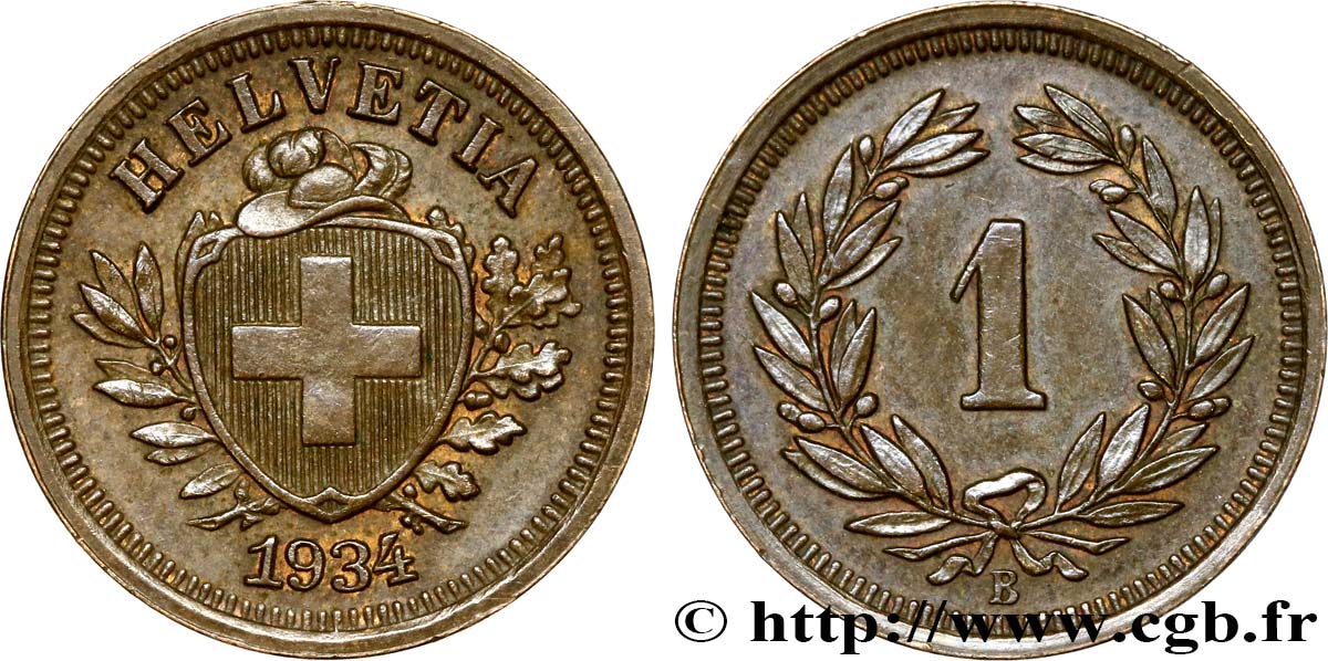 SWITZERLAND 1 Centime Croix Suisse 1934 Berne - B AU 