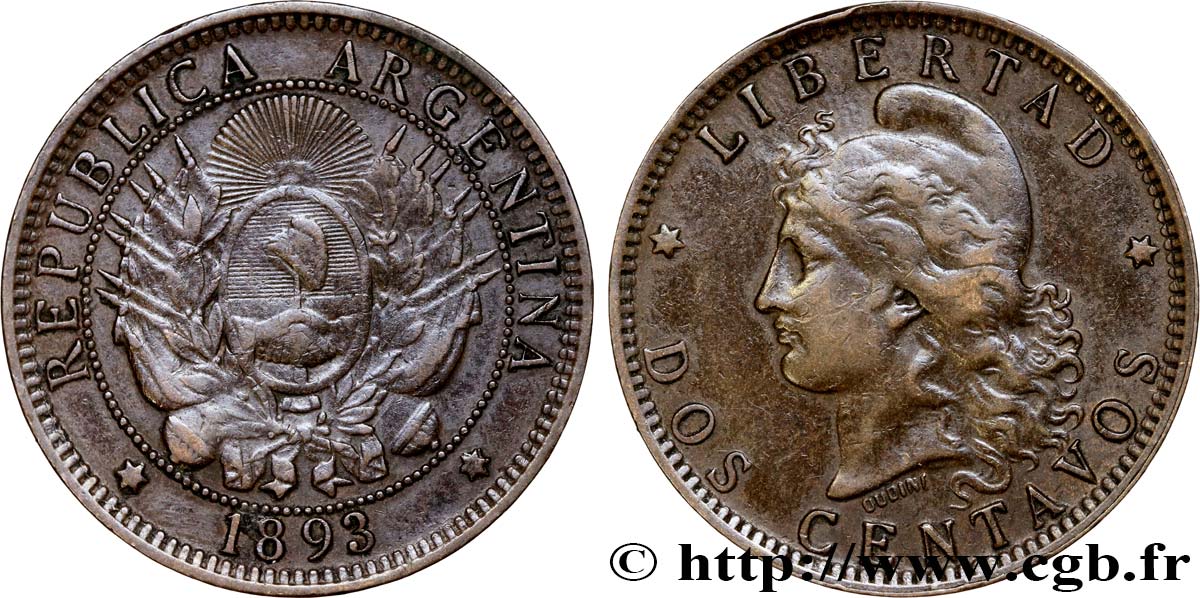 ARGENTINIEN 2 Centavos 1893  SS 