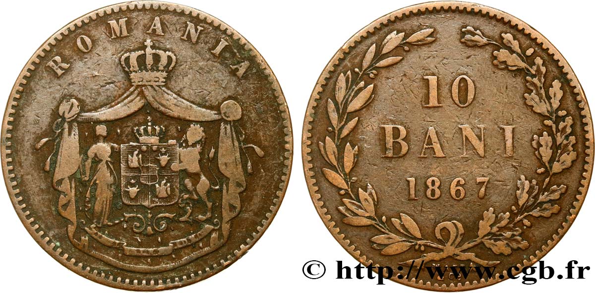 ROUMANIE 10 Bani armes 1867  J.Watt & Co TB+ 