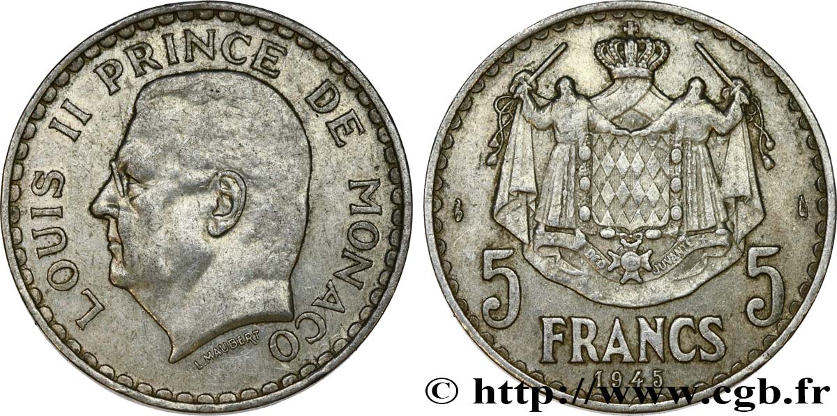 MONACO 5 Francs Louis II 1945 Paris SUP 