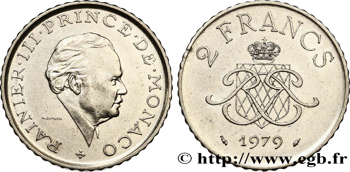 MONACO 2 Francs Rainier III / écu et monogramme couronnés 1979 Paris q.SPL 