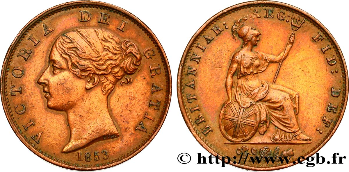 ROYAUME-UNI 1/2 Penny Victoria tête jeune 1853 Londres TTB+ 