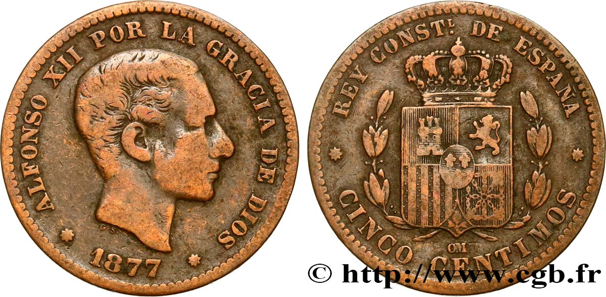 ESPAÑA 5 Centimos Alphonse XII 1877 Oeschger Mesdach & CO BC 