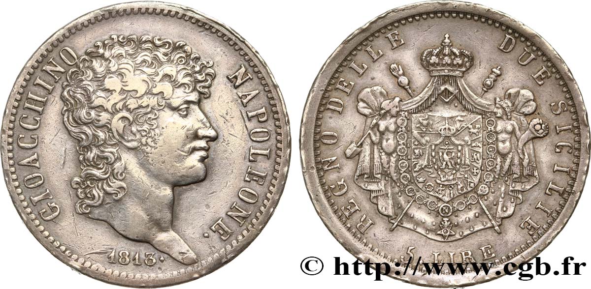 ITALY - KINGDOM OF NAPLES - JOACHIM MURAT 5 Lire 1813 Naples AU/XF 