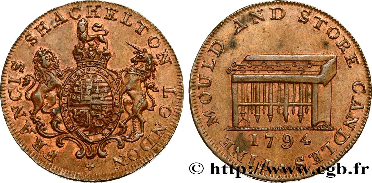 BRITISH TOKENS OR JETTONS 1/2 Penny Londres (Middlesex) Francis Shackelton, fabricant de bougies 1794  AU 
