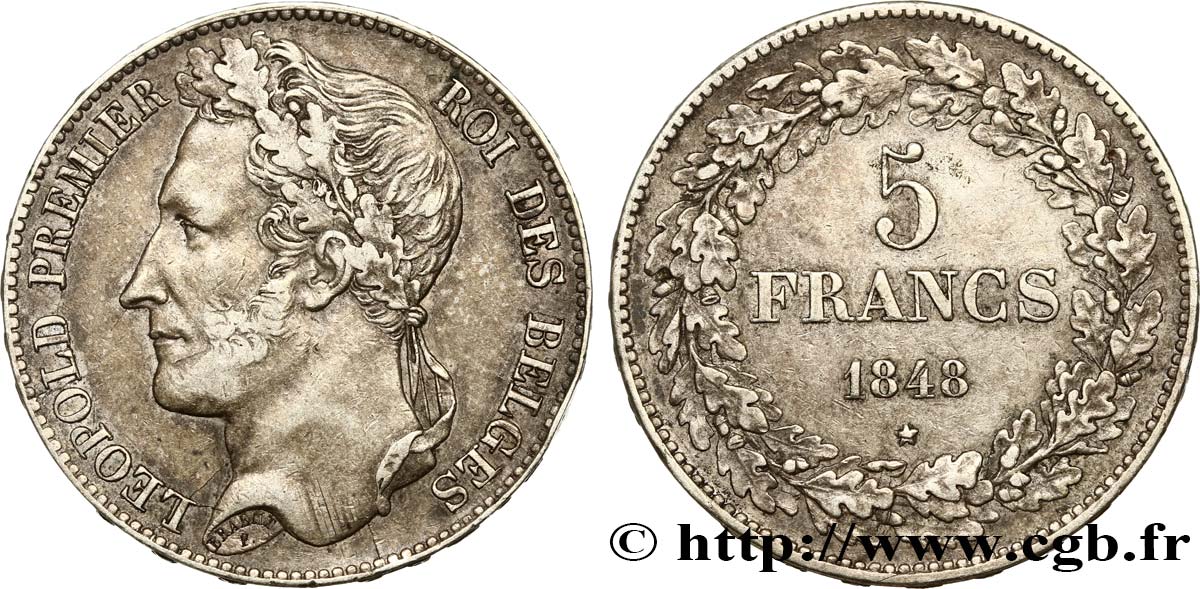 BELGIEN 5 Francs Léopold Ier tête laurée 1848  SS 