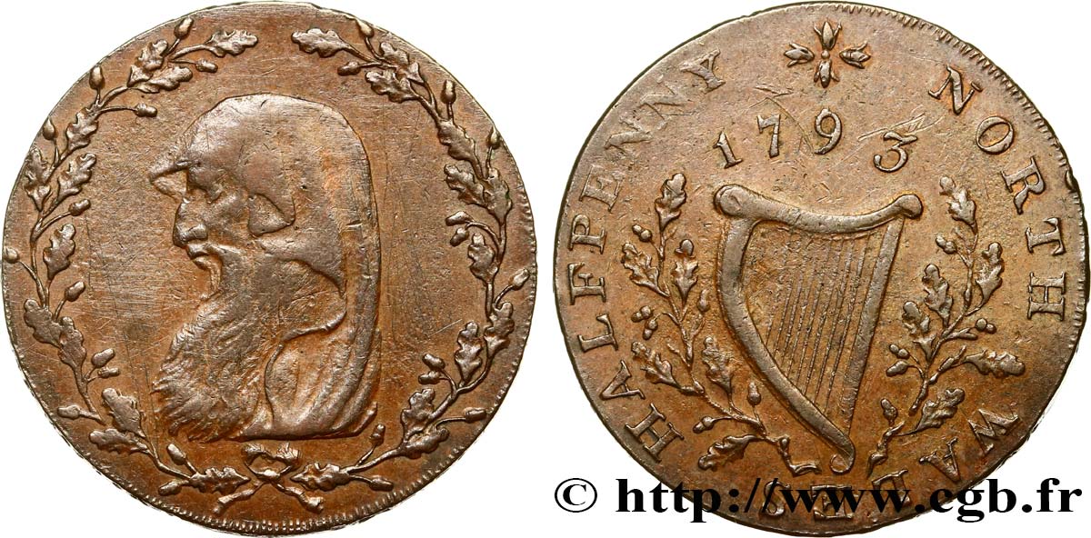 BRITISH TOKENS OR JETTONS 1/2 Penny North Wales (Pays de Galles) druide / harpe 1793  XF 