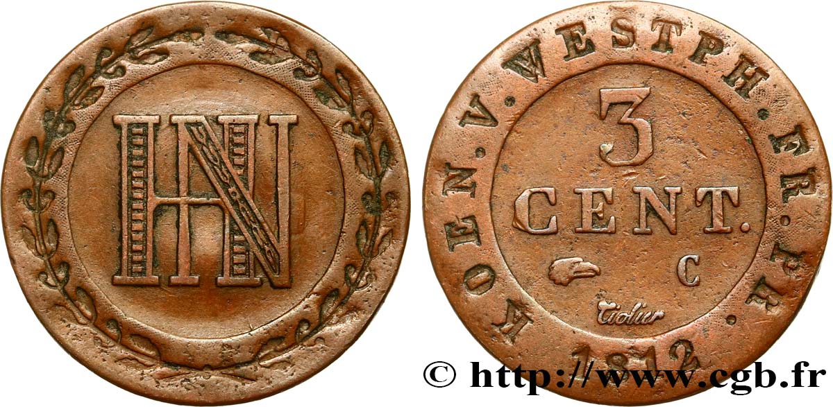 GERMANY - KINGDOM OF WESTPHALIA 3 Cent. 1812 Cassel XF 