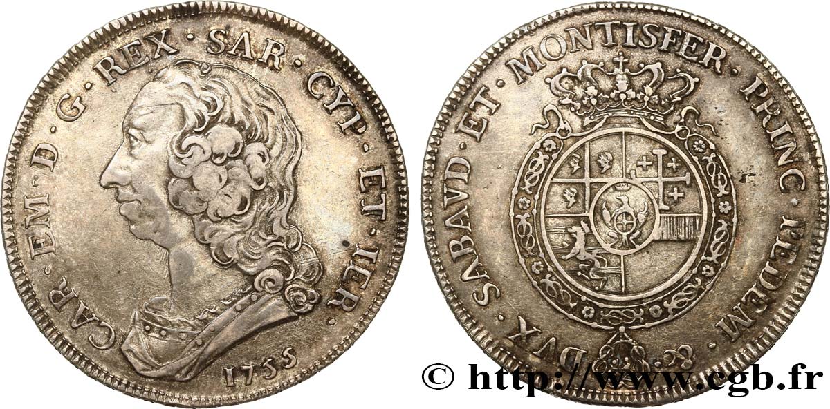 ITALY - KINGDOM OF SARDINIA - CHARLES-EMMANUEL III Scudo 1755 Turin XF 