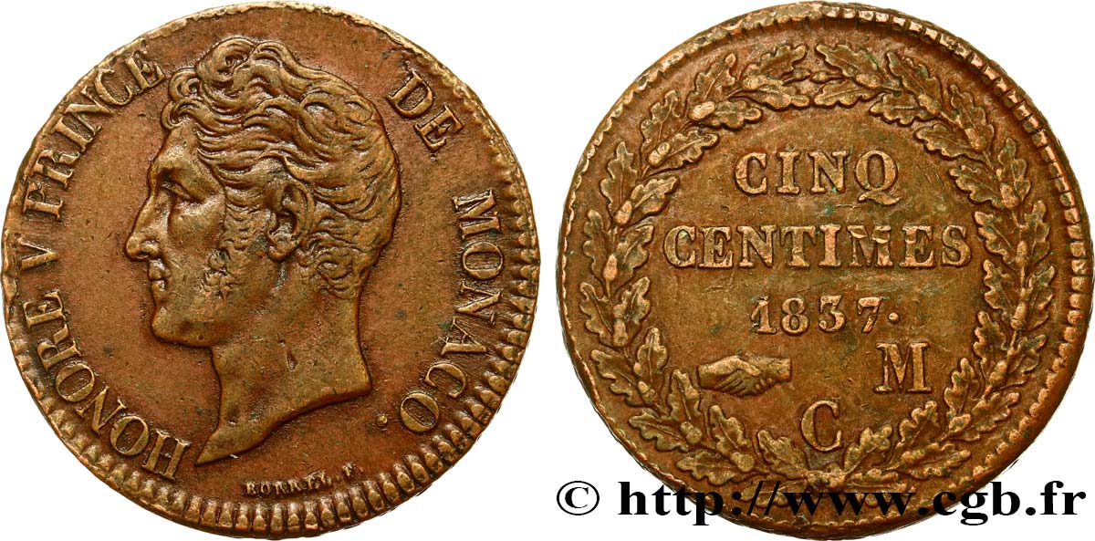 MONACO 5 Centimes Honoré V petite tête en cuivre rouge 1837 Monaco fVZ 