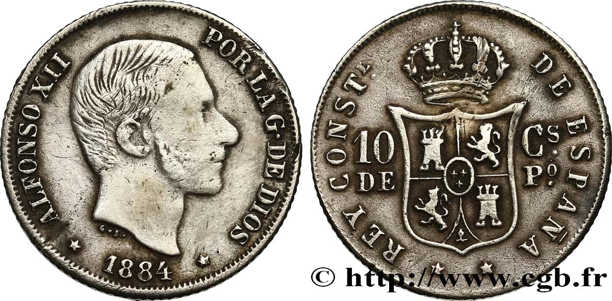 FILIPPINE 10 Centimos de Peso Alphonse XII 1884 Manille BB 