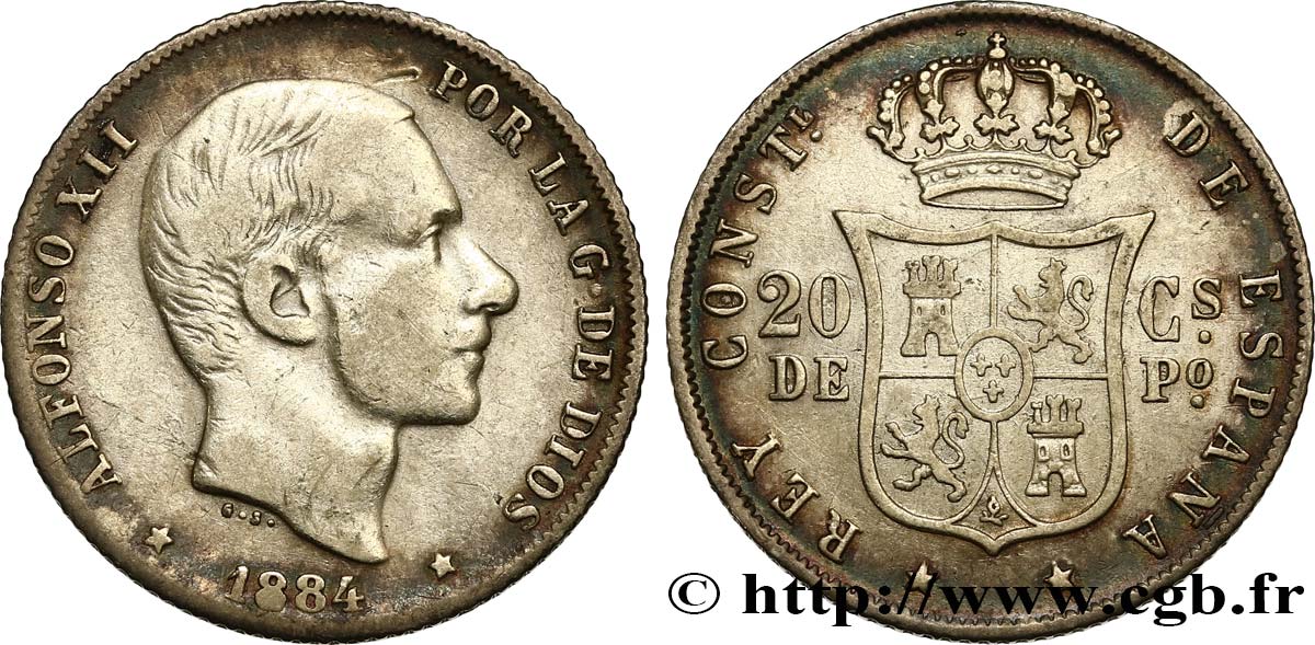 PHILIPPINES 20 Centimos de Peso Alphonse XII 1884 Manille TTB 