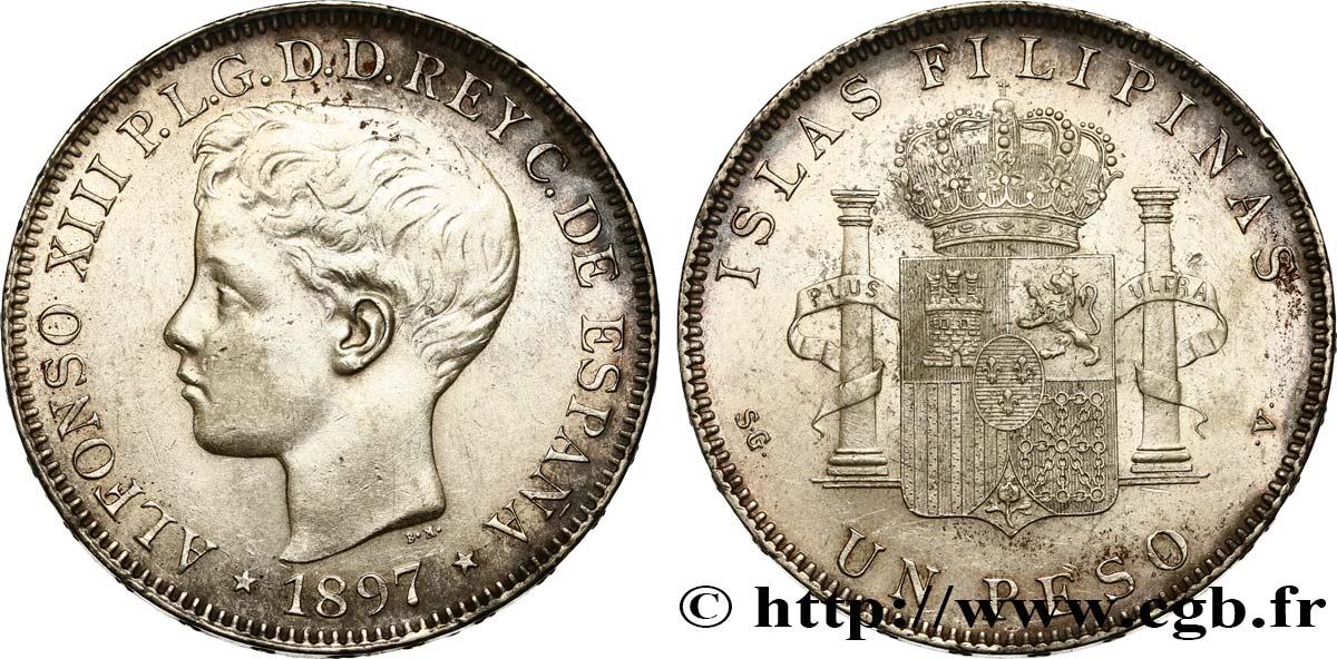 PHILIPPINES 1 Peso Alphonse XIII 1897 Madrid SUP/TTB+ 