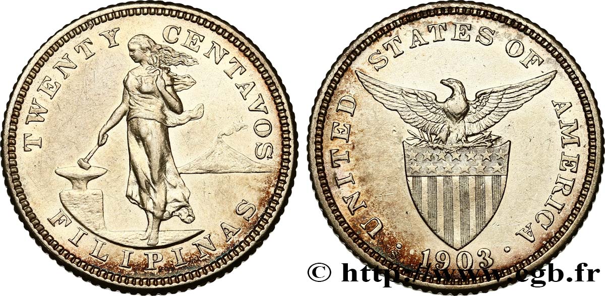 PHILIPPINES 20 Centavos - Administration Américaine 1903 San Francisco - S SUP/TTB 