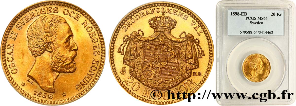 SWEDEN 20 Kronor, 3e type Oscar II 1898 Stockholm MS64 PCGS
