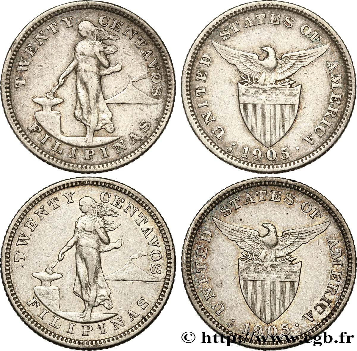 PHILIPPINES Lot de 2 monnaies de 20 Centavos - Administration Américaine 1905 San Francisco - S TTB 