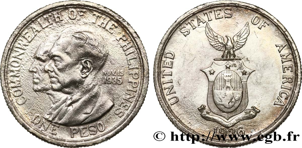PHILIPPINES 1 Peso création du Commonwealth Murphy-Quezon 1936  VF 
