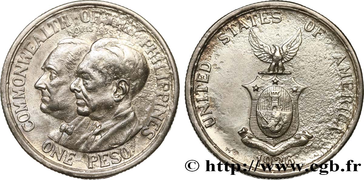 PHILIPPINES 1 Peso création du Commonwealth Roosevelt-Quezon 1936  VF 