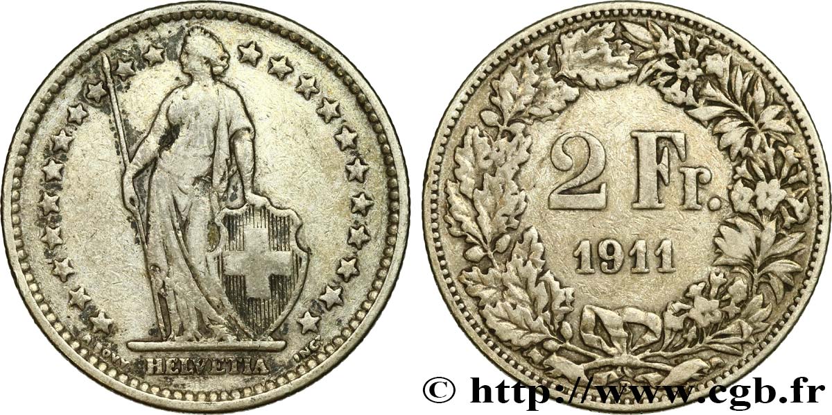 SUISSE 2 Francs Helvetia 1911 Berne - B TB 