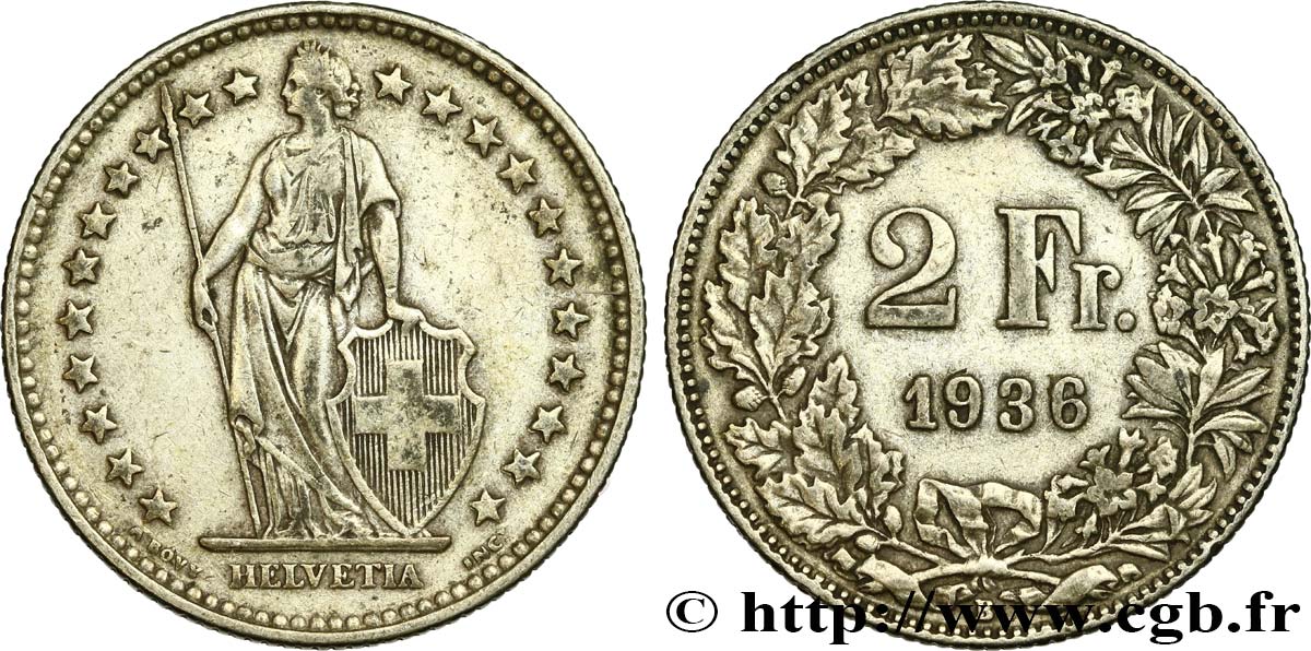 SWITZERLAND 2 Francs Helvetia 1936 Berne - B XF 