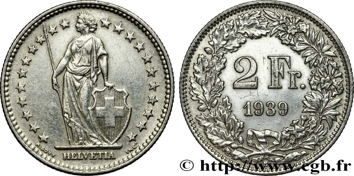 SWITZERLAND 2 Francs Helvetia 1939 Berne - B AU 