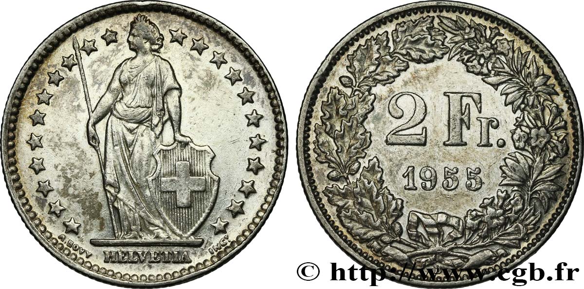 SWITZERLAND 2 Francs Helvetia 1955 Berne AU 